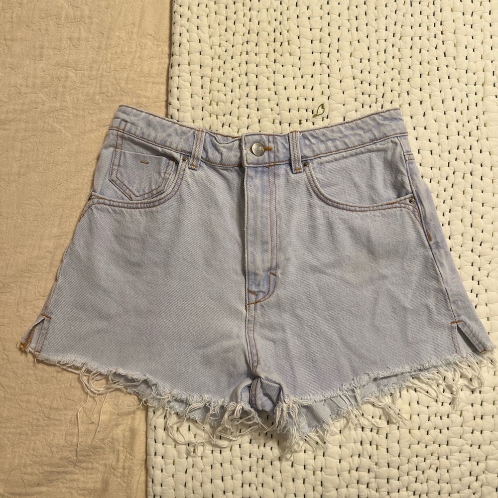 Zara Light Blue Jean Shorts with Frayed Hem
